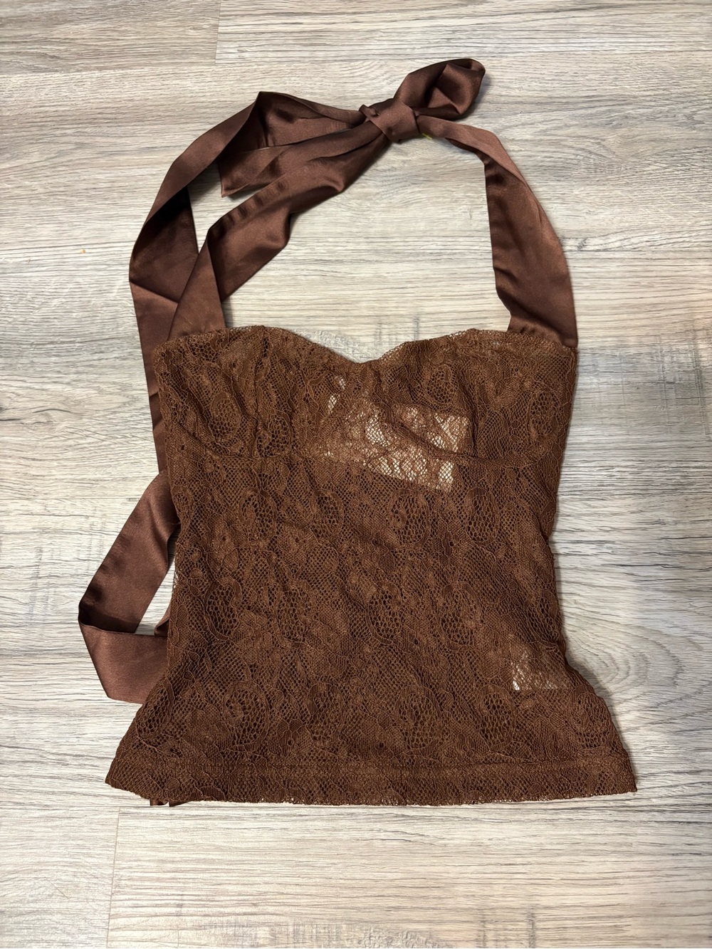 Brown Lace Halter Camisole with Satin Ties